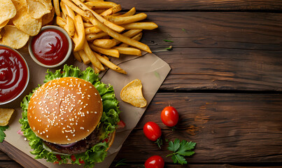 Appetizing hamburger with fries and sauces on the wooden table. Top view.
