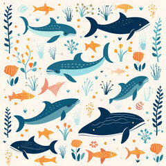 Create a pattern featuring adorable, stylized animals like whale in playful poses, PNG, 300 DPI