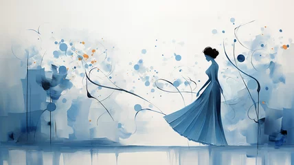 Fotobehang abstract watercolor art, blue light background silhouette of a girl impression of curved lines and spots of paint and ink on a light background, emotional illustration of femininity © kichigin19