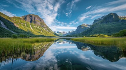 Obraz premium Picturesque reflection of the mountain landscape in the lake