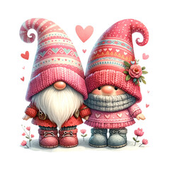 cute gnome couple, love, valentine's day, together, watercolor illustration, isolated clipart.