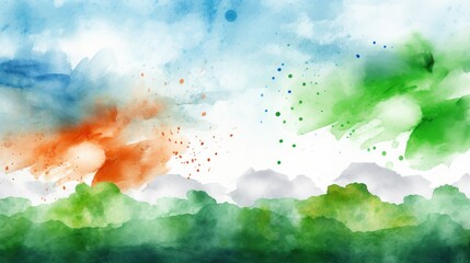 Fototapeta premium Abstract Watercolor Landscape With Vivid Blues, Greens, and Touch of Orange