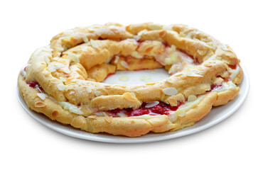 Strawberry Choux Pastry Cake with Vanilla Custard on White Background