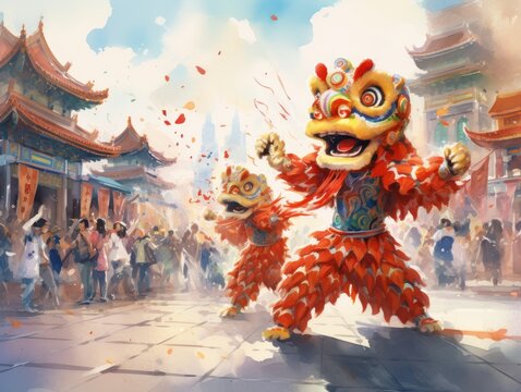 Dragon Dance Painting Delighting a Crowded Audience. Watercolor illustration. Chinese new year mood.