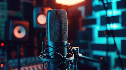 stationary professional studio microphone in a dark recording studio close-up - obrazy, fototapety, plakaty
