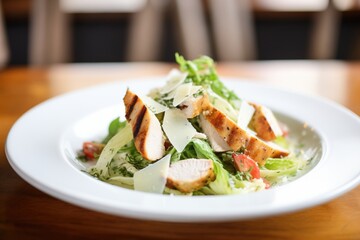 cubed grilled chicken in a fresh caesar salad