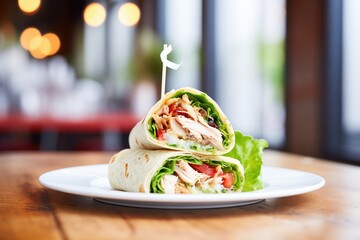 grilled chicken in a wrap with lettuce and tomatoes - obrazy, fototapety, plakaty