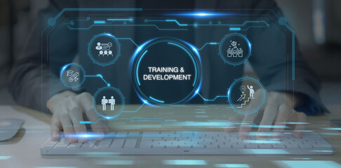 Training and development, human resource management concept. Enhancing employee skills, knowledge and competency. Designing training programs, employee onboarding, providing professional development.