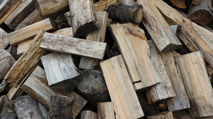 A pile of aged oak firewood chopped for heating in the stove
