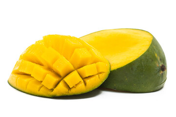 Cut into cubes and sliced half cut fresh organic green mango delicious fruit side view isolated on...