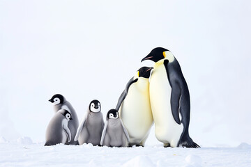 Obraz premium Emperor penguin family with chicks on snow, pure white background and sunlight