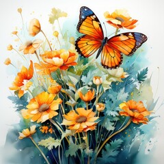 A beautiful watercolor butterfly is depicted alongside vibrant flowers in the artwork.