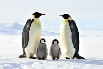 Emperor penguin family with chicks on snow, pure white background and sunlight
