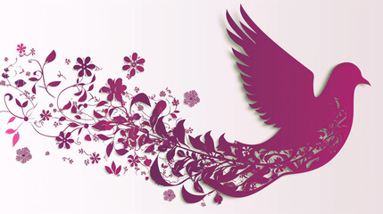 Illustration, paper cut silhouette of a dove with spring and floral designs