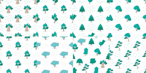 Fototapeta na wymiar Trees ecological seamless pattern set. Natural forest background collection. Print for textile, packaging, design, vector illustration