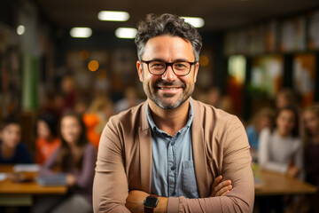 Portrait of smiling male teacher in a class at elementary school looking at camera with learning students on background. 