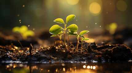 The seedling are growing from the rich soil to the morning sunlight that is shining, ecology concept.  - obrazy, fototapety, plakaty