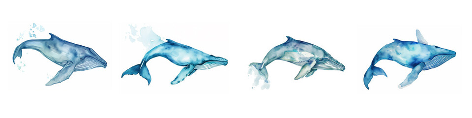 Акварельный набор большого синего кита на белом фоне