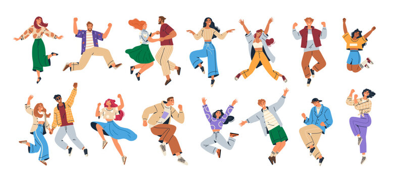 Dancing people. Happy people dance to music. Happy people jumping. Set of characters having fun at party. Men and women in motion, different free poses. Jumping for fun and joy. Laughing people set