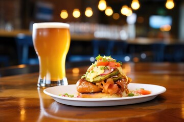 hot dog in pretzel bun with beer in the background