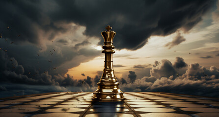 The golden rook on the chess board under a stormy sky, in the style of vray tracing, orderly symmetry, photo-realistic landscapes, queencore, polished surfaces, princesscore, innovative composition

 - obrazy, fototapety, plakaty