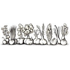 Vegetables line art very simple style horizontal on white background Generative Ai
