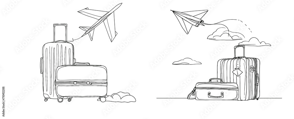Poster one continuous line drawing of suitcase and paper plane.