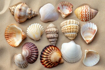 A collection of assorted seashells, isolated on a sandy beach background