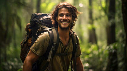 Obraz premium Nature's Delight: Happy Traveler Immersed in the Beauty of the Forest
