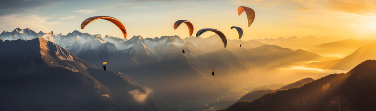 Man paragliding above lake lake rosetta, in the style of photo-realistic landscapes, golden light, dark gold and orange

