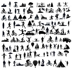 set of outdoor activities silhouettes ,  set of silhouettes of people , set of family silhouette, set of camping silhouettes
