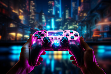 Hands guiding a computer game controller in front of a blurry light background, in the style of luxurious, neon-lit urban, high-angle, rounded, spatial, creased, iso 200

