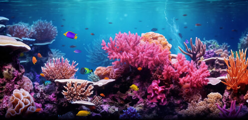 Obraz na płótnie Canvas a colorful coral reef with fish and corals in the water, with a blue background and a black border, generative ai