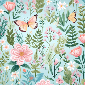 Craft a seamless pattern with soft pastel-colored flowers, leaves, and butterflies for a charming and calming garden theme , PNG, 300 DPI