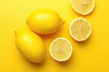 Fresh whole and sliced lemons, isolated on a bright yellow background