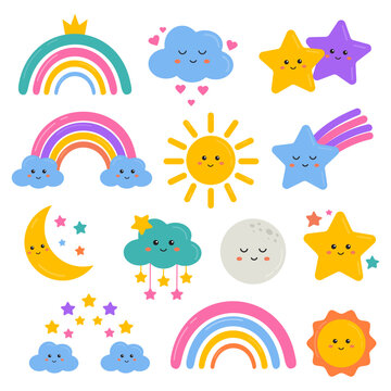 Cute collection with star, rainbow, cloud, moon, sun in cartoon style. Weather icons, kids friendly design. Rainbows and stars clipart for prints, t-shirts, holiday invitations, cards for children.