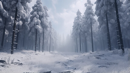 Fototapeta na wymiar fog in the winter forest landscape at dawn, calm wildlife, bright white panoramic view