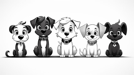 cartoon dogs sitting in a row isolated on a white background, sketch black and white style thin outline, layout for children's coloring book