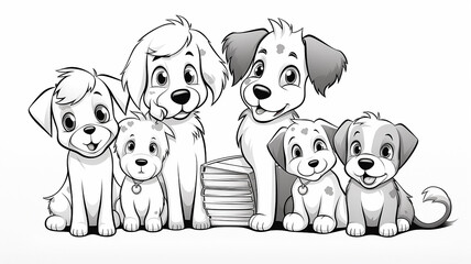 cartoon dogs sitting in a row isolated on a white background, sketch black and white style thin outline, layout for children's coloring book