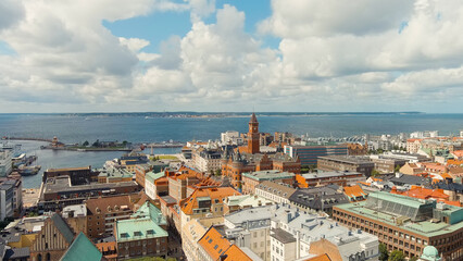 Helsingborg, Sweden. Helsingborg Town Hall. Summer day. Cloudy weather, Aerial View