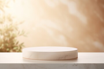 Elegant Marble Podium on a Warm, Sunlit Background for Cosmetic Display