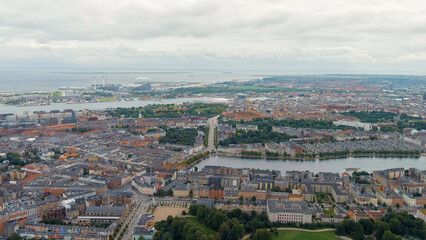 Copenhagen, Denmark. Copernhagen lakes. Panorama of the city center and port in cloudy weather. Summer day, Aerial View