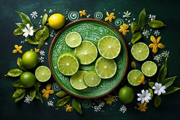 a green plate with limes and flowers on a green tablecloth with a green background and a green bowl with lemons and limes, generative ai