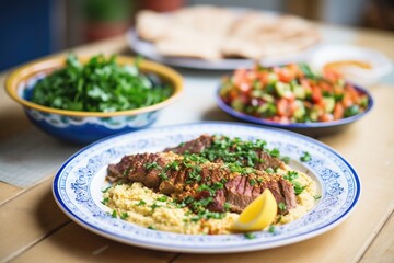 middle eastern kebab spread with hummus and tabbouleh