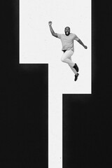 Vertical collage creative poster black white filter excited crazy funny young man run jump levitation raised hand unusual template