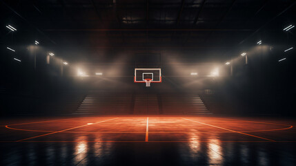 An empty basketball court with wooden floor and a hoop, in the style of dramatic

