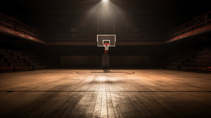 An empty basketball court with wooden floor and a hoop, in the style of dramatic

 - obrazy, fototapety, plakaty