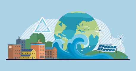 Clean city vector illustration. It adopts climate resilience strategies, promotes renewable energy, and implements sustainable transportation systems By prioritizing climate action