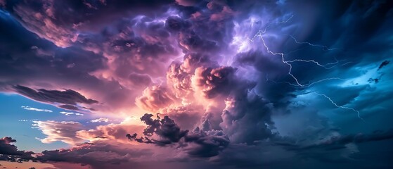 A stormy sky with multiple cloud to ground lightning strikes. Generative AI