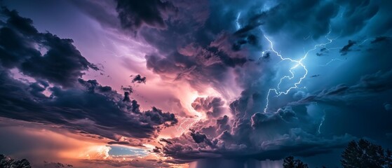A stormy sky with multiple cloud to ground lightning strikes. Generative AI